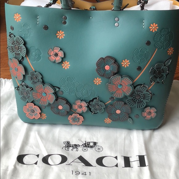 NWT Authentic Coach Rogue Teal Tea Rose Bag - Picture 2 of 8